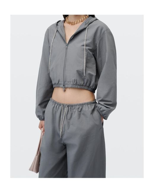 Alexander Wang Gray Crystal Hotfix Drawcord Shrunken Hoodie Jacket