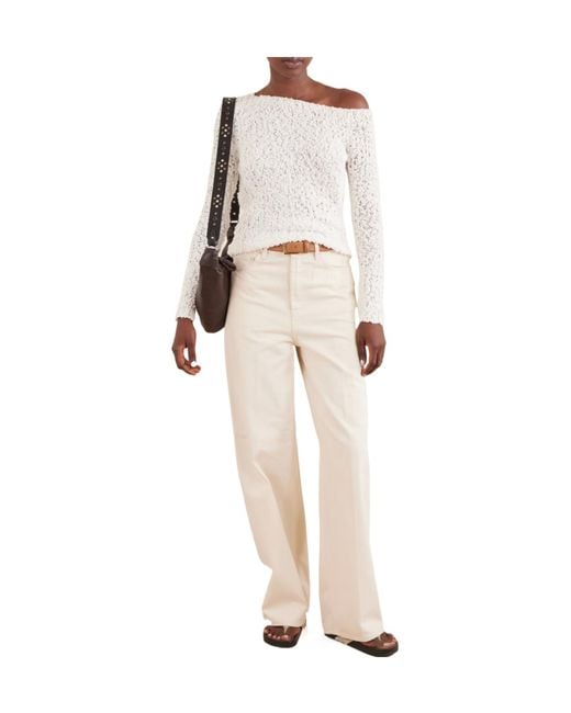 The Elder Statesman White Vine Off-The-Shoulder Cotton-Blend Bouclé Sweater