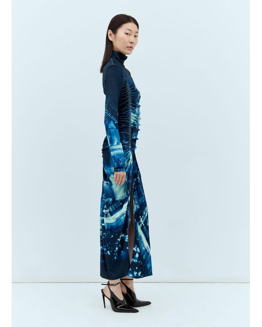 Jean Paul Gaultier Blue Pigalle Printed Gathered Velvet Dress