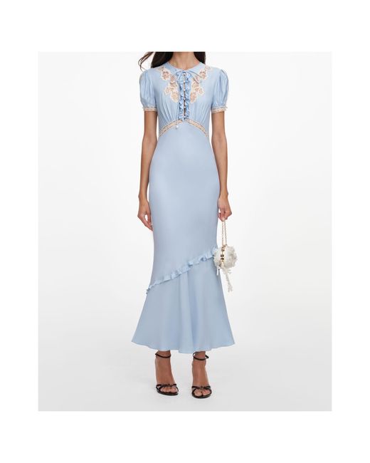 Self-Portrait Blue Ruffled Lace-Trim Midi Dress