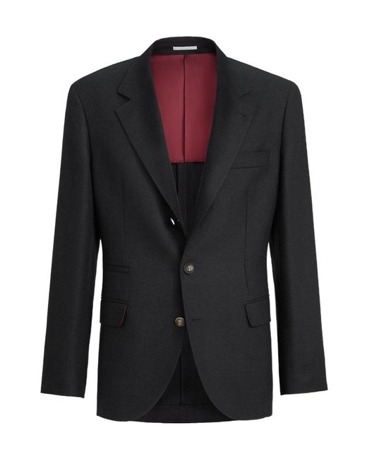 Brunello Cucinelli Black Silk, Linen And Wool Hopsack Deconstructed Blazer With Metal Buttons for men