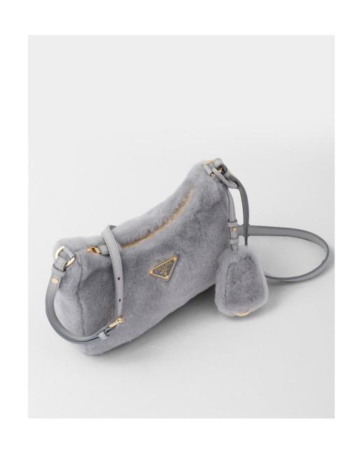 Prada Gray Logo Plaque Zipped Shoulder Bag