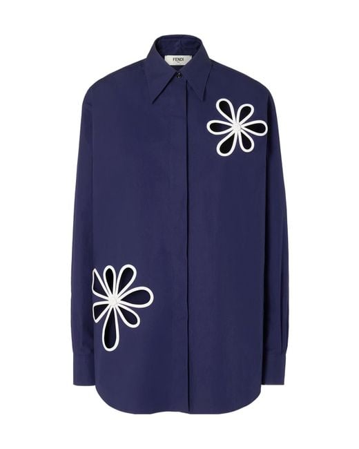 Fendi Blue Long Sleeved Cut-Out Detailed Poplin Shirt