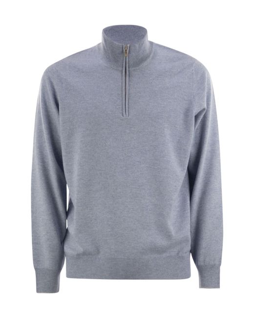Brunello Cucinelli Gray Funnel-Neck Knitted Polo Shirt for men