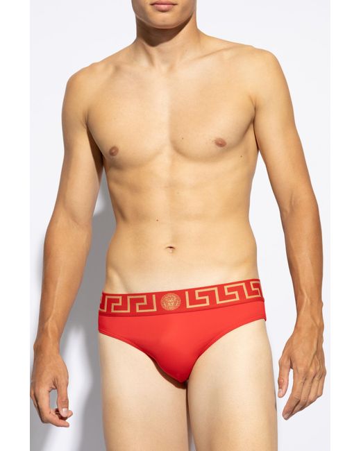 Versace Red Greca-Waistband Swim Briefs for men