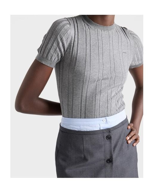 Prada Gray Short-Sleeved Ribbed Knit Cotton Sweater