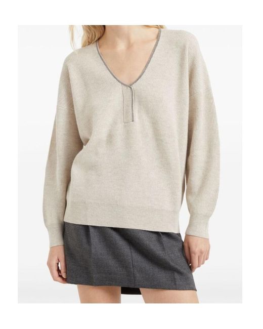 Brunello Cucinelli White Shoulder And Long-Sleeved Sweater