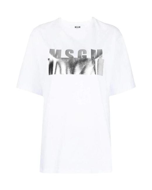 MSGM White Logo-Print Short-Sleeve T-Shirt