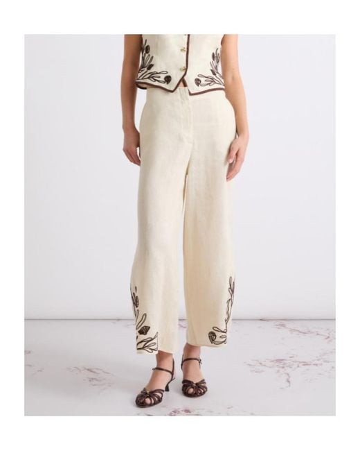 Marella White Embroidered Linen Trousers