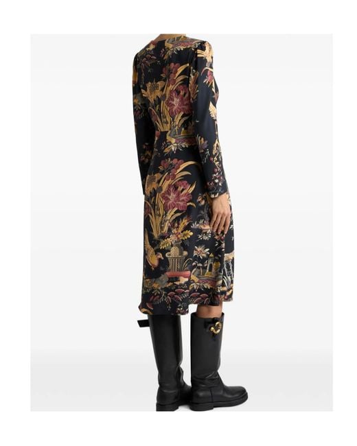 Etro Black Crepe Midi Dress With Flower And Animal Motif