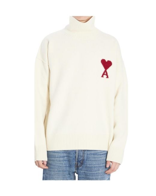AMI White Ami De Coeur Turtleneck Knitted Jumper for men