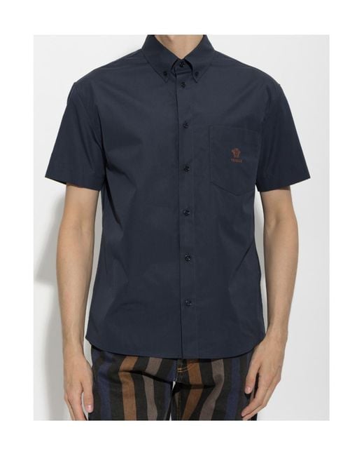 Versace Blue Medusa-Embroidered Patch-Pocket Shirt for men
