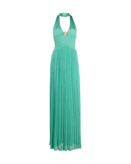 Balmain Green Embellished Pleated Halterneck Gown