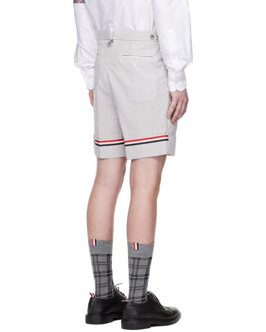 Thom Browne White Striped Seersucker Cuff Shorts for men