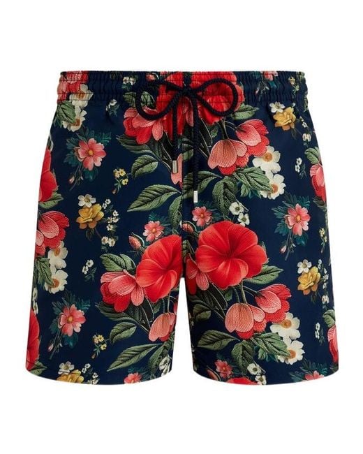 Vilebrequin Blue Elasticated-Waistband Floral-Print Swim Shorts for men