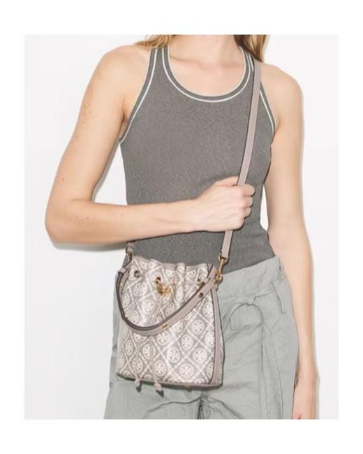 Tory Burch Gray Logo-Jacquard Bucket Bag