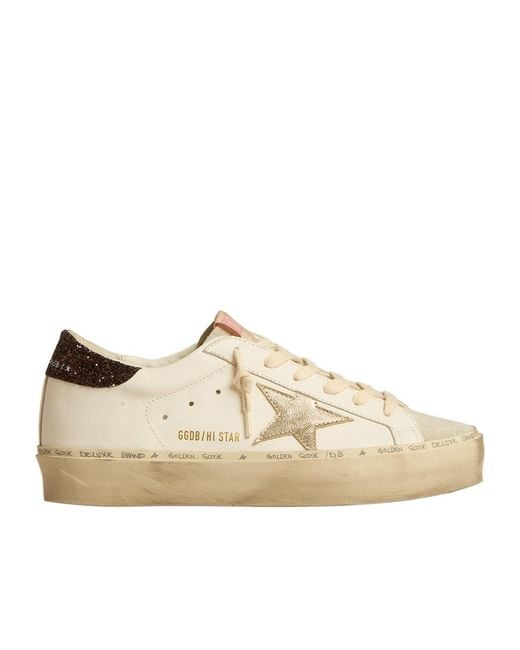 Golden Goose Deluxe Brand Natural Hi Star With Platinum Metallic Leather Star And Glitter Heel Tab