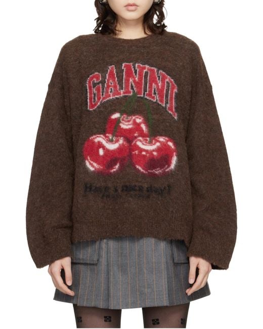 Ganni Red Cherry Patterned Oversized Knit Jumper