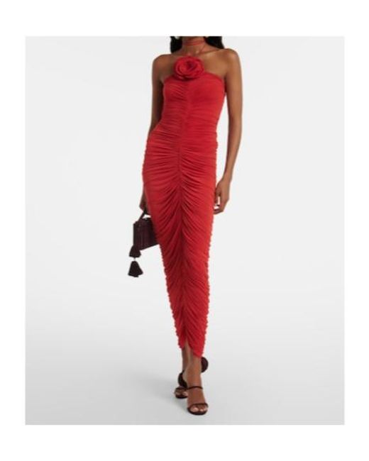 Magda Butrym Red Floral-Applique Ruched Jersey Midi Dress
