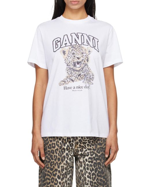 Ganni White Relaxed Leopard Print T-Shirt