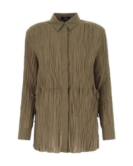 Theory Green Tie-Waist Crinkled Shirt