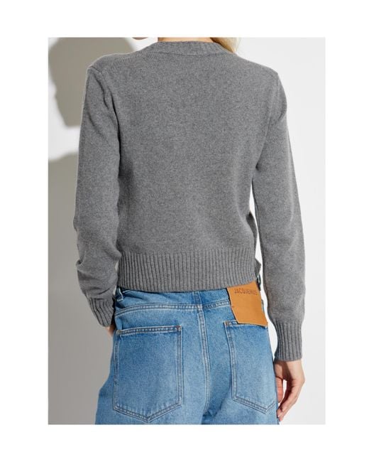 AMI Gray Ami De Coeur Logo-Embroidered Knit Cropped Jumper