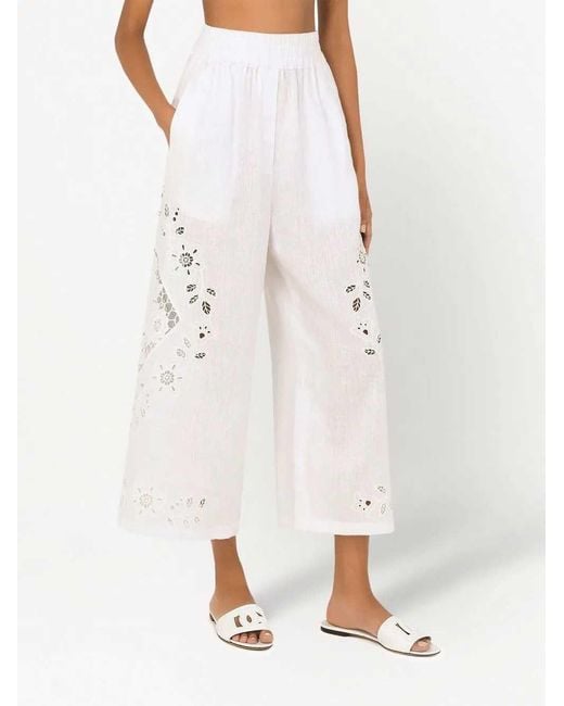 Dolce & Gabbana White Embroidered Wide Leg Poplin Pants