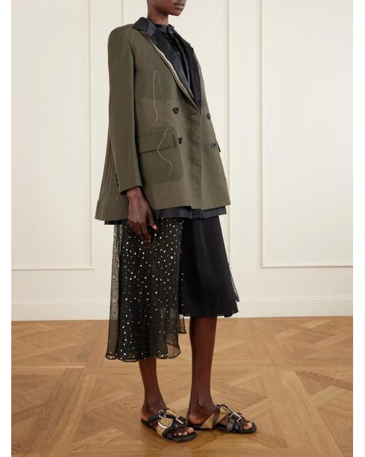 Sacai Green Double-Breasted Pleated Embroidered Suit Jacket