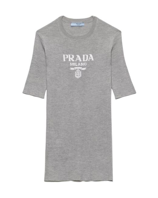 Prada Gray Silk Crew-Neck Sweater With Logo