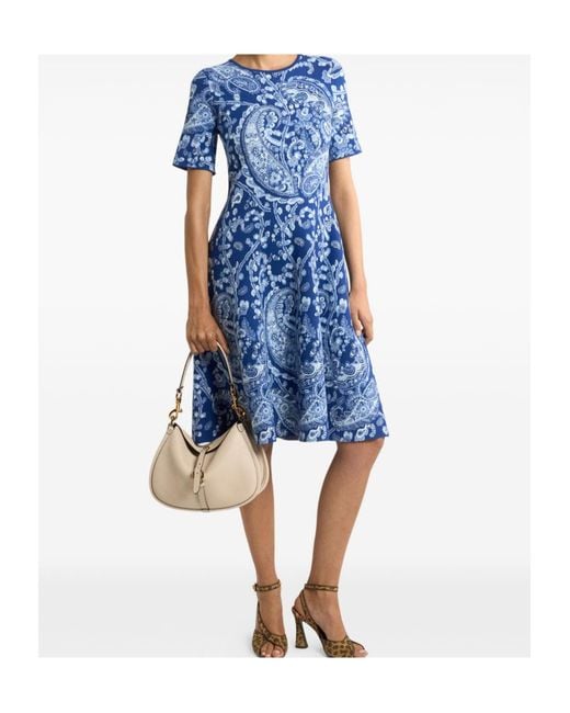 Etro Blue Jacquard Knee-Length Dress With Floral Paisley Motif