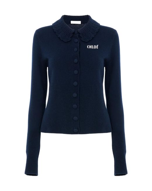 Chloé Blue Chloé Crocheted Collar Button-Up Cardigan
