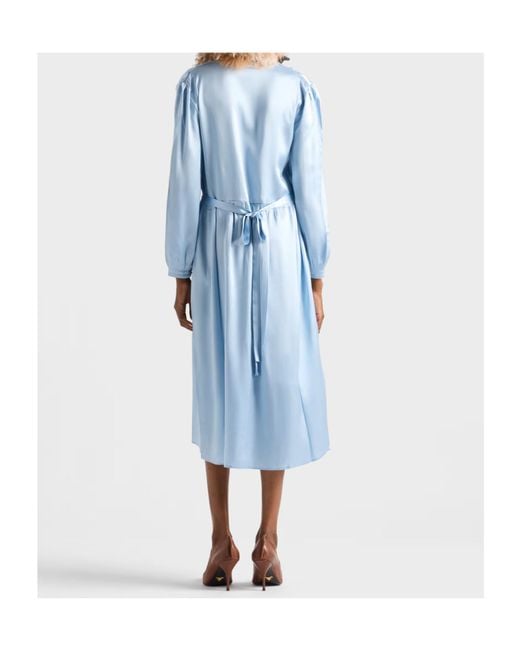 Prada Blue Long-Sleeved Satin Crepe And Lace Dress