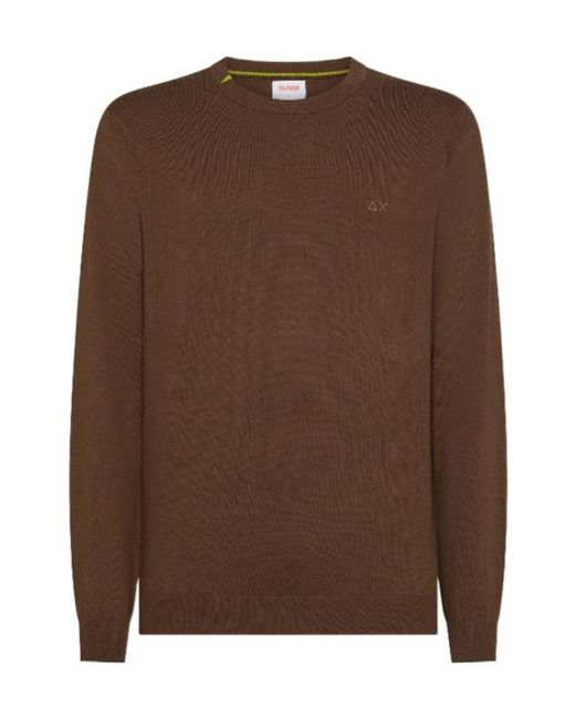 Sun 68 Brown Logo Crew Neck Knitted Sweater for men