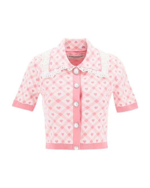 Alessandra Rich Pink Jacquard-Motif Cropped Cardigan