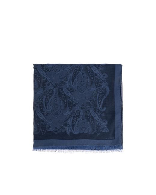 Etro Blue Logo Detailed Frayed Scarf