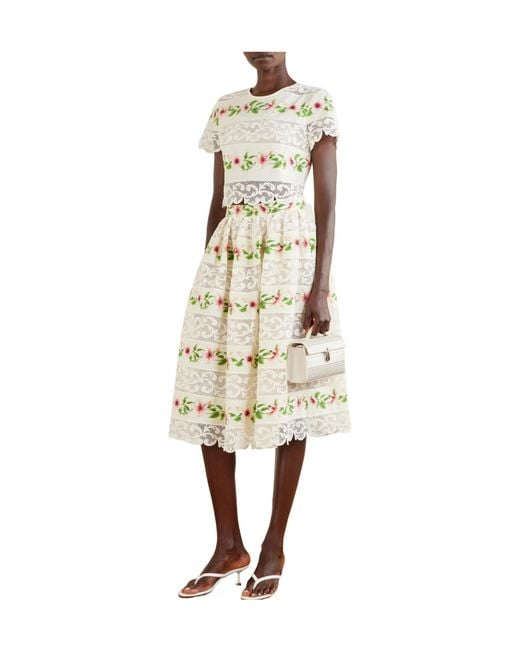 Oscar de la Renta White Floral-Print Lace-Trimmed Cotton-Blend Poplin Blouse
