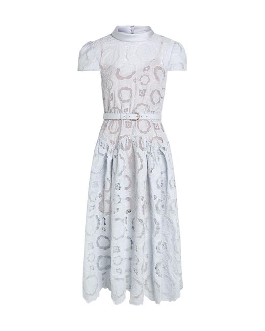 Self-Portrait White Belted Floral Lace Midi Dress