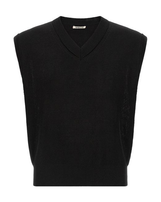 Auralee Black Ribbed-Knit V-Neck Vest for men