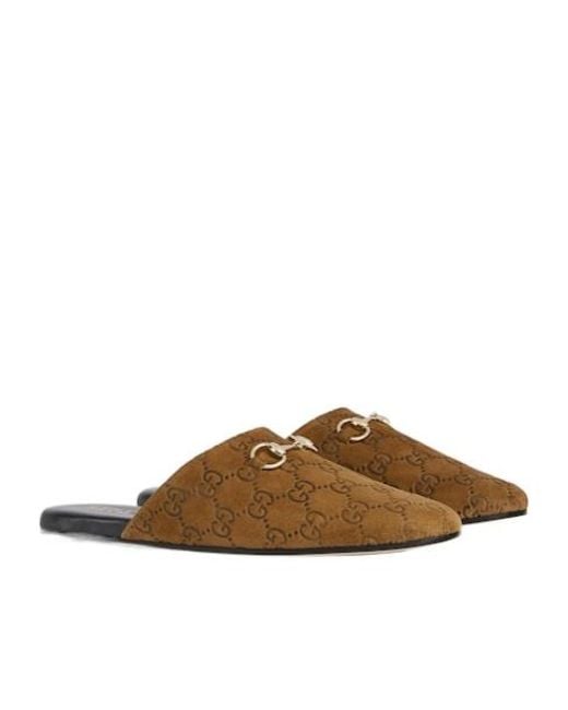 Gucci Brown Horsebit Monogrammed Mules