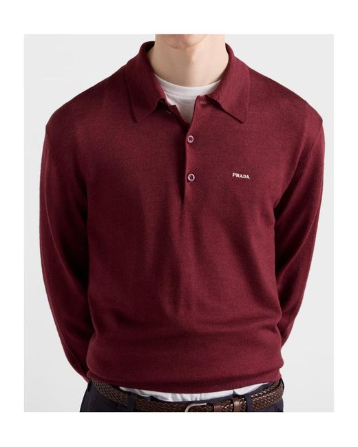 Prada Red Wool And Silk Polo Sweater for men