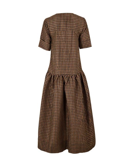 Ganni Brown Plaid Short-Sleeved Dress