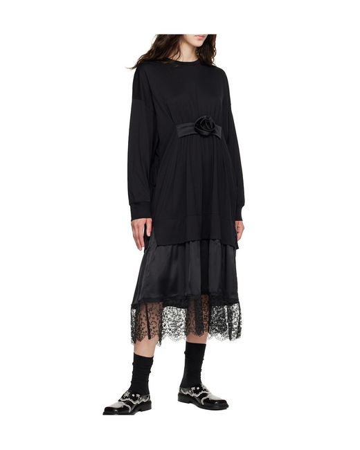 Simone Rocha Black Loose-Fitting Ruffled Rose Lace Dress