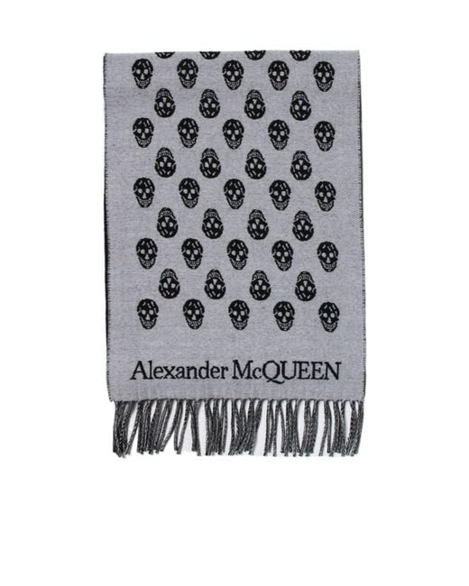 McQueen Gray Skull Intarsia Knitted Fringed Scarf