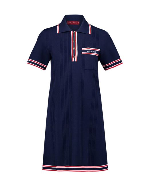 Gucci Blue Logo Chest Pocket Sweater Dress Front Ribbed