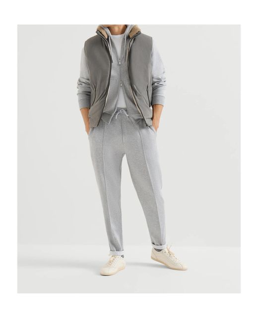 Brunello Cucinelli Gray Waxed Techno-Cotton Down Vest With Detachable Hood for men