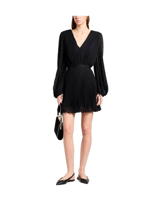 Max Mara Black Solid Color Long-Sleeve Pleated Maxi Dress