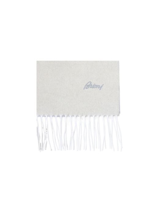 Brioni White Logo-Embroidered Fringed Scarf for men