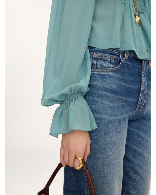 Chloé Blue Scoop-Neck Cropped Silk Blouse