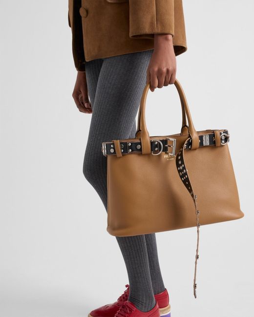 Prada Brown Buckle Large Leather Bag With Studded Belt