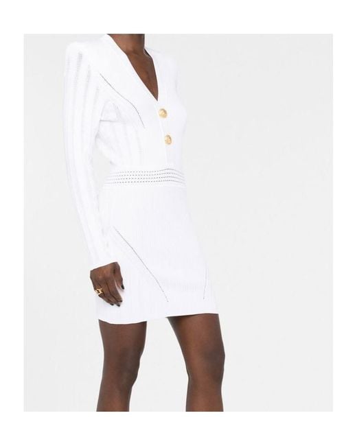 Balmain White Ribbed-Knit Mini Dress